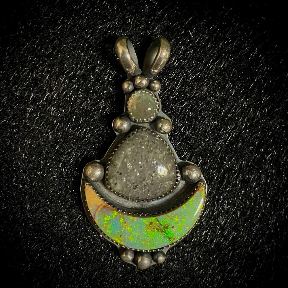 Sterling Silver Monarch Opal Labradorite and Black Sunstone Pendant